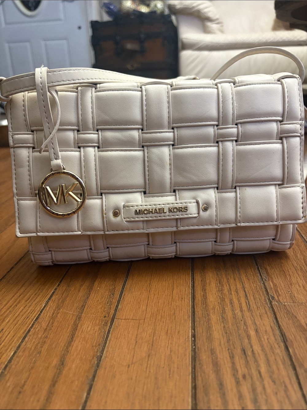 Michael Kors Cream Woven Leather Crossbody with Gold Accent